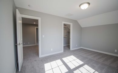 Sunlit upstairs bedroom with plush carpeting, walk-in closet, and sloped ceiling detail, shown with doors open to the loft area.