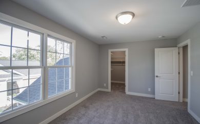 Secondary bedroom with large double windows, neutral carpeting, a spacious walk-in closet, and soft gray walls.