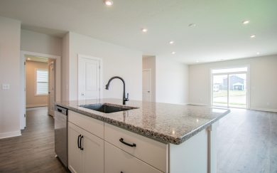 Close-up of the kitchen island in the Leonardo Craftsman home, featuring granite countertops, a black pull-down faucet, stainless steel dishwasher, and view of open living area with access to the backyard through sliding glass doors.