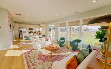 Family Room | Dining Area | Upgraded Kitchen Layout Open concept living area of the Cumberland Farmhouse floor plan by Jagoe Homes.