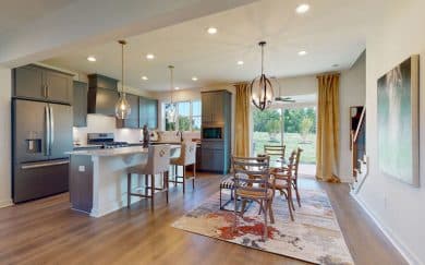 National Farmhouse with 3rd Bay Garage Exterior_Woodridge Estates3rdBay_Kitchen Dining National Farmhouse Kitchen and Dining Room