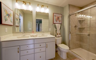 Owner's Bath Owner's Bath featuring ceramic tile shower and double bowl vanity in the Cumberland Farmhouse floor plan by Jagoe Homes